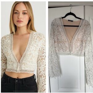 Lace Bell Sleeve Crop Top with Crochet, Snap Front